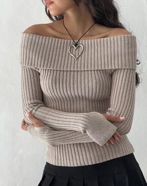 Motel Rocks Circe Off-shoulder Long Sleeve Knit Top Pullover Damen Beige | RID7830SW