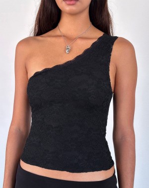 Motel Rocks Moira One Shoulder Spitze Weste Damen Schwarz | WHA1083ZZ