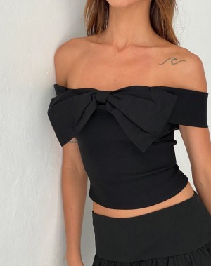 Motel Rocks Naras Bow Front Bardot Kurz Geschnittene Oberteile Damen Schwarz | IHU6930LT