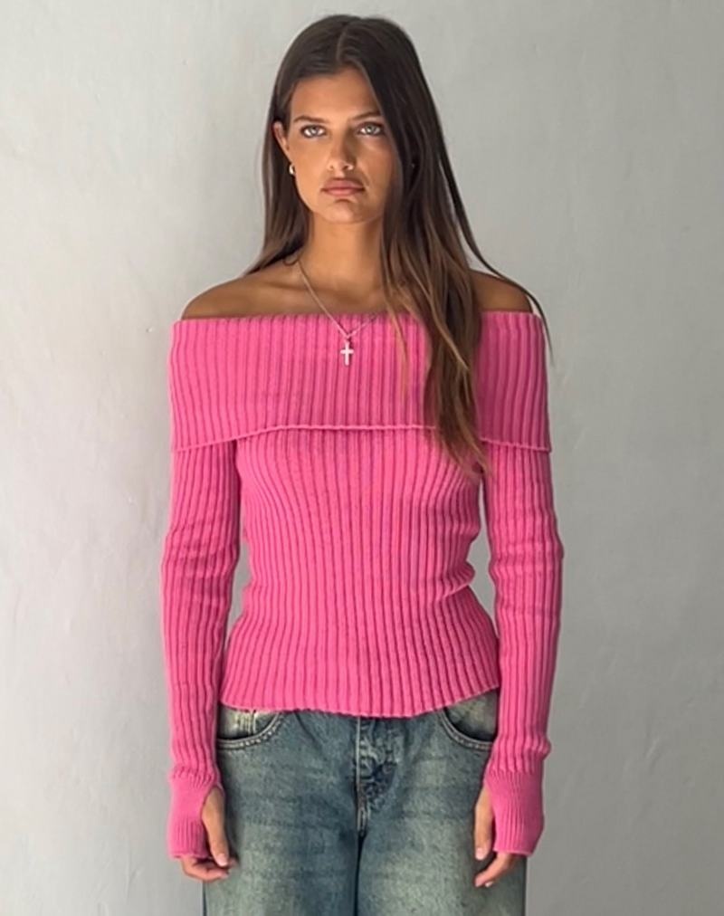 Motel Rocks Circe Off-shoulder Long Sleeve Knit Top Pullover Damen Rosa | PVR7584DW